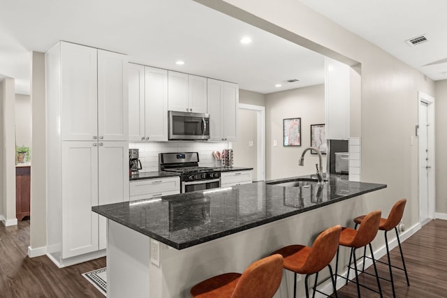 kitchen featuring stainless steel appliances, a sink, baseboards, dark wood-type flooring, and backsplash