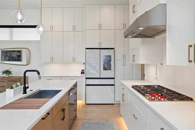 903 Alexia Ln, Austin, TX 78746 - kitchen with under cabinet range hood, stainless steel appliances, a sink, light wood-style floors, and hanging light fixtures