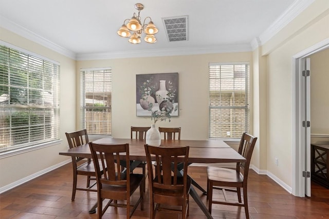 17112 Crescent Heights Trl, Austin, TX 78717 - dining room featuring dark wood-style floors, crown molding, a chandelier, and baseboards