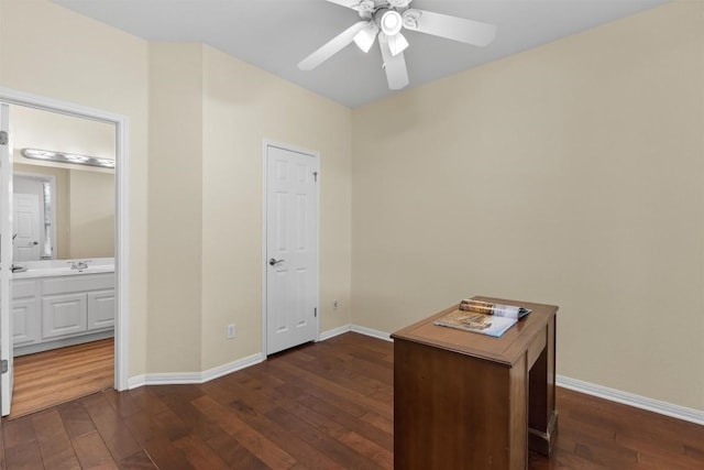 17112 Crescent Heights Trl, Austin, TX 78717 - unfurnished office featuring dark wood finished floors, ceiling fan, a sink, and baseboards