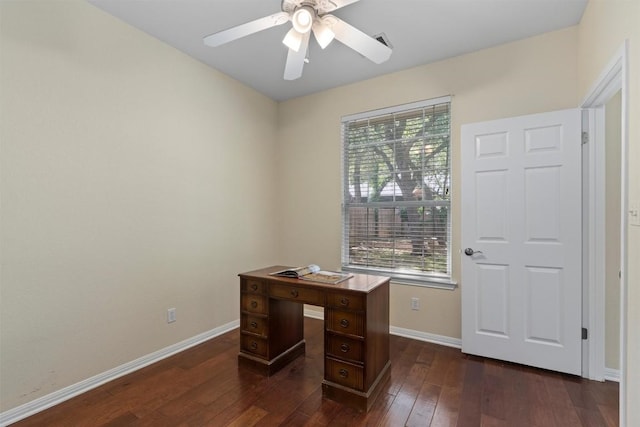 17112 Crescent Heights Trl, Austin, TX 78717 - office with dark wood-style flooring, baseboards, and a ceiling fan