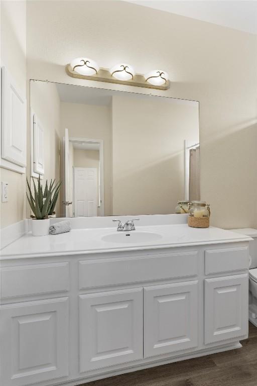 17112 Crescent Heights Trl, Austin, TX 78717 - bathroom featuring toilet, vanity, and wood finished floors