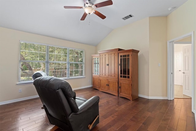17112 Crescent Heights Trl, Austin, TX 78717 - sitting room with lofted ceiling, ceiling fan, dark wood-style flooring, and baseboards