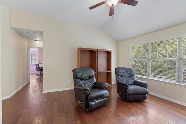 17112 Crescent Heights Trl, Austin, TX 78717 - living area featuring attic access, ceiling fan, hardwood / wood-style flooring, lofted ceiling, and baseboards