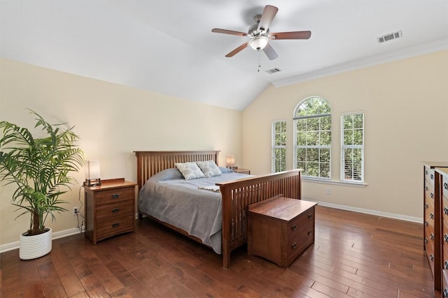 17112 Crescent Heights Trl, Austin, TX 78717 - bedroom featuring dark wood finished floors, vaulted ceiling, baseboards, a ceiling fan, and ornamental molding