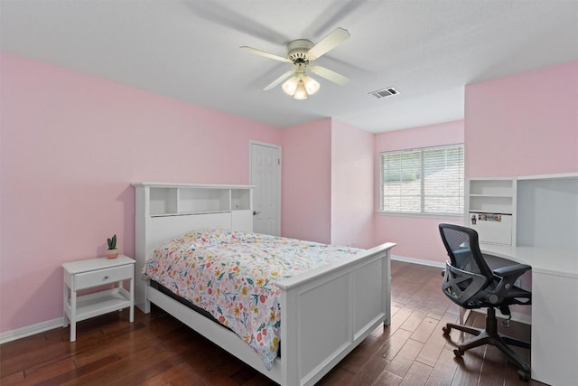 17112 Crescent Heights Trl, Austin, TX 78717 - bedroom featuring dark wood-type flooring, baseboards, ceiling fan, and an office area