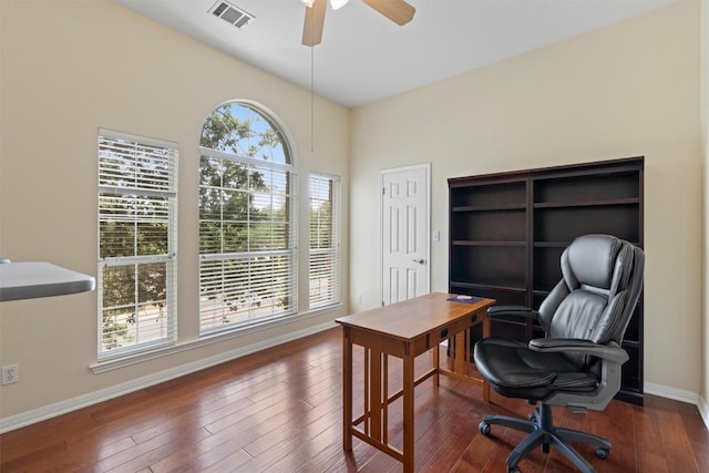 17112 Crescent Heights Trl, Austin, TX 78717 - home office with ceiling fan, baseboards, and dark wood finished floors