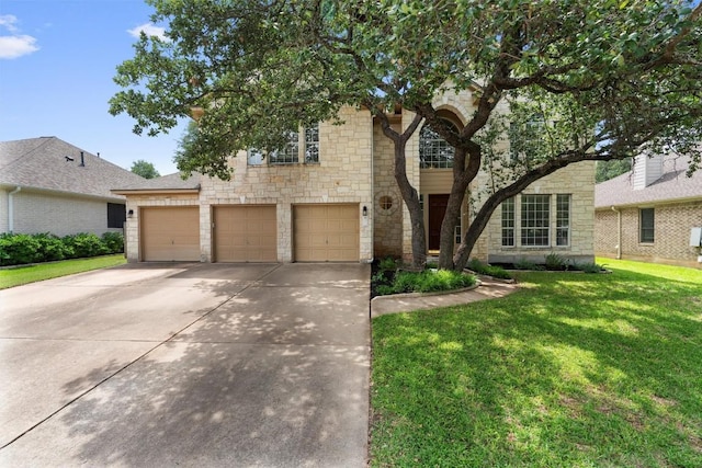 17112 Crescent Heights Trl, Austin, TX 78717 - view of front facade featuring stone siding, driveway, a front lawn, and a garage