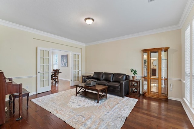 17112 Crescent Heights Trl, Austin, TX 78717 - living room featuring french doors, ornamental molding, dark wood-style flooring, and baseboards