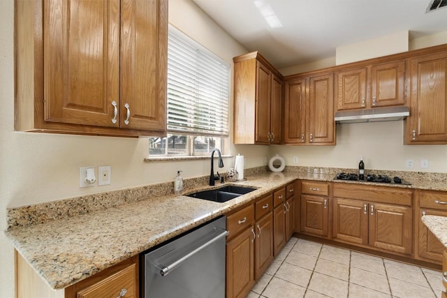 17112 Crescent Heights Trl, Austin, TX 78717 - kitchen with dishwasher, a sink, under cabinet range hood, black stovetop, and brown cabinets