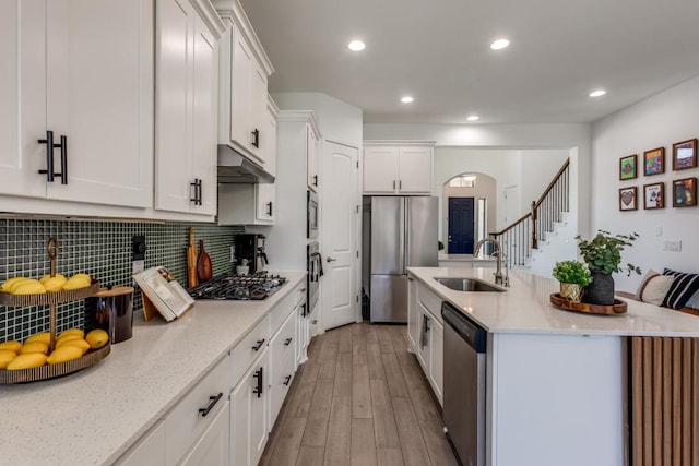 1314 Overture Pl, Round Rock, TX 78681 - kitchen featuring appliances with stainless steel finishes, a sink, under cabinet range hood, white cabinets, and light wood-type flooring