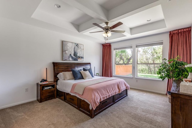 1314 Overture Pl, Round Rock, TX 78681 - bedroom with coffered ceiling, light colored carpet, baseboards, beam ceiling, and ceiling fan