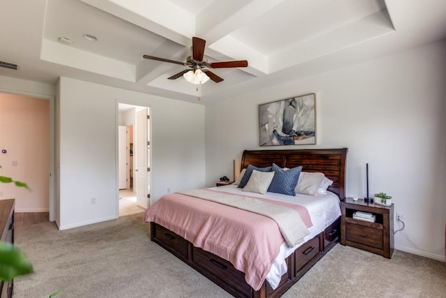 1314 Overture Pl, Round Rock, TX 78681 - bedroom featuring coffered ceiling, light colored carpet, baseboards, beam ceiling, and ceiling fan