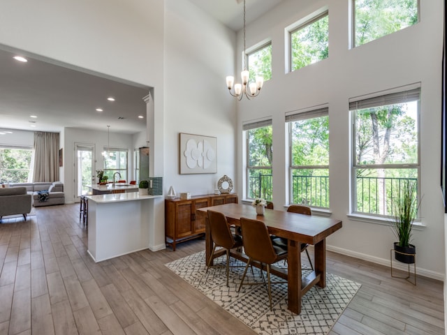 1314 Overture Pl, Round Rock, TX 78681 - dining room with a towering ceiling, a chandelier, healthy amount of natural light, light wood finished floors, and baseboards