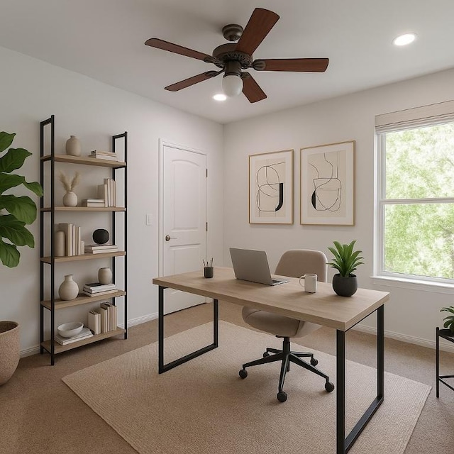1314 Overture Pl, Round Rock, TX 78681 - carpeted home office with ceiling fan, baseboards, recessed lighting, and healthy amount of natural light