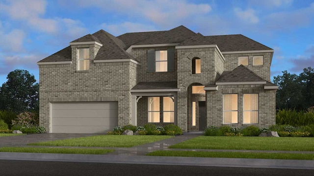 1704 Plum Tree Way, Georgetown, TX 78628 - french country style house featuring an attached garage, driveway, a front yard, brick siding, and a shingled roof