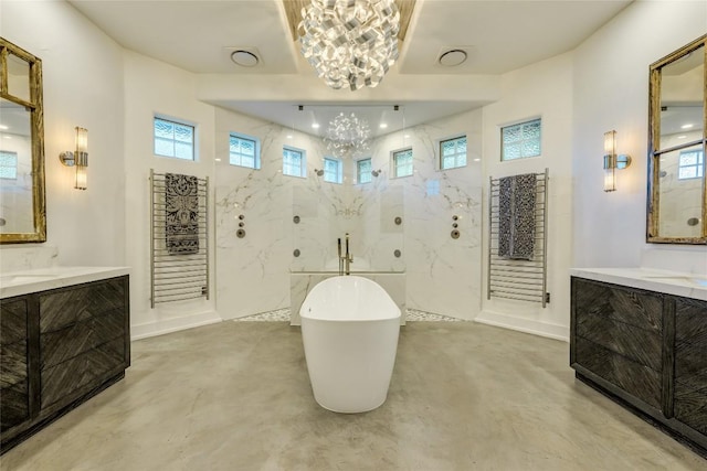 full bathroom featuring a chandelier, a marble finish shower, finished concrete floors, a soaking tub, and plenty of natural light