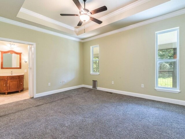 119 E Wiamea Ct, Bastrop, TX 78602 - unfurnished bedroom with a tray ceiling, multiple windows, carpet flooring, ornamental molding, and ensuite bath