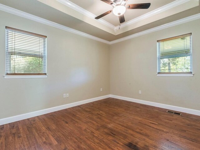119 E Wiamea Ct, Bastrop, TX 78602 - spare room with wood finished floors, ornamental molding, a ceiling fan, and a tray ceiling