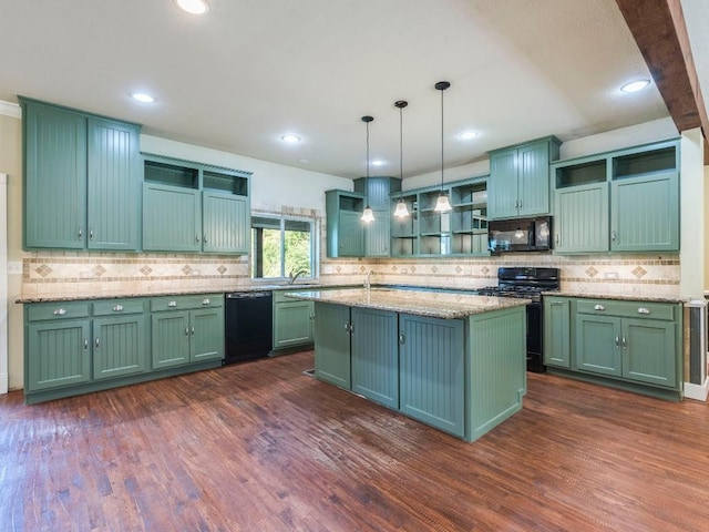 119 E Wiamea Ct, Bastrop, TX 78602 - kitchen with open shelves, black appliances, green cabinets, decorative backsplash, and recessed lighting