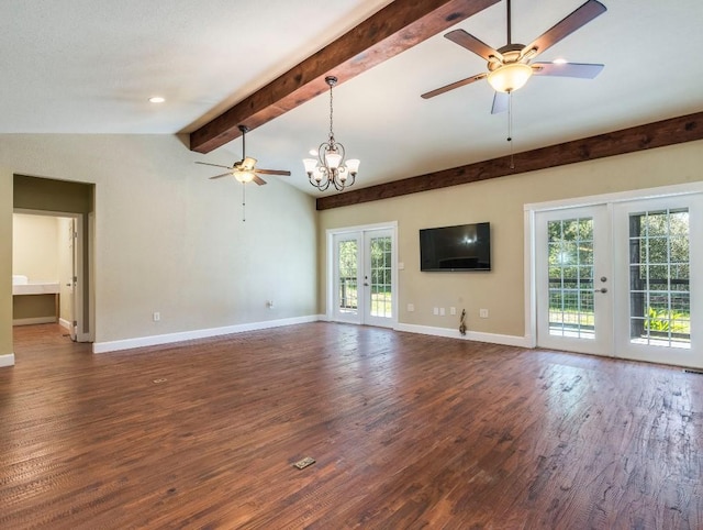 119 E Wiamea Ct, Bastrop, TX 78602 - unfurnished living room featuring ceiling fan, french doors, dark wood-type flooring, and a chandelier