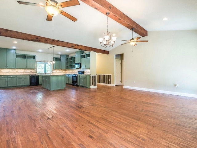 119 E Wiamea Ct, Bastrop, TX 78602 - unfurnished living room featuring a ceiling fan, dark wood-style floors, a chandelier, and recessed lighting