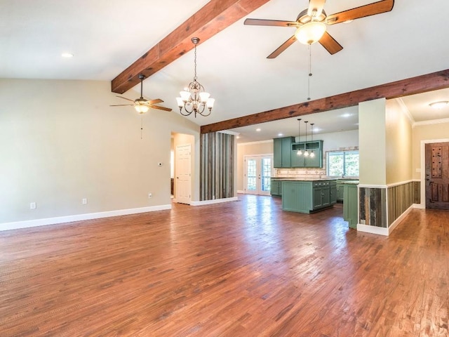 119 E Wiamea Ct, Bastrop, TX 78602 - unfurnished living room with ceiling fan, a chandelier, wood finished floors, and recessed lighting