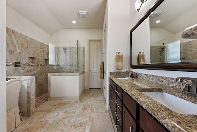 100 Royal Oak Dr, Georgetown, TX 78628 - bathroom featuring lofted ceiling, a walk in shower, double vanity, and recessed lighting