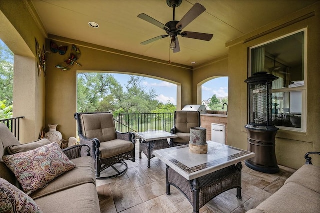 100 Royal Oak Dr, Georgetown, TX 78628 - view of patio featuring an outdoor living space, ceiling fan, and exterior kitchen