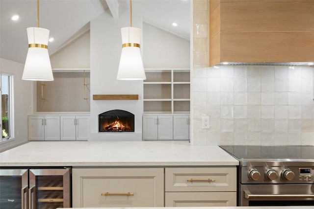 kitchen featuring wine cooler, electric range, custom range hood, a lit fireplace, and backsplash