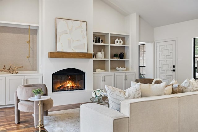 210 Hazeltine Dr, Lakeway, TX 78734 - living room featuring a glass covered fireplace, lofted ceiling, and wood finished floors