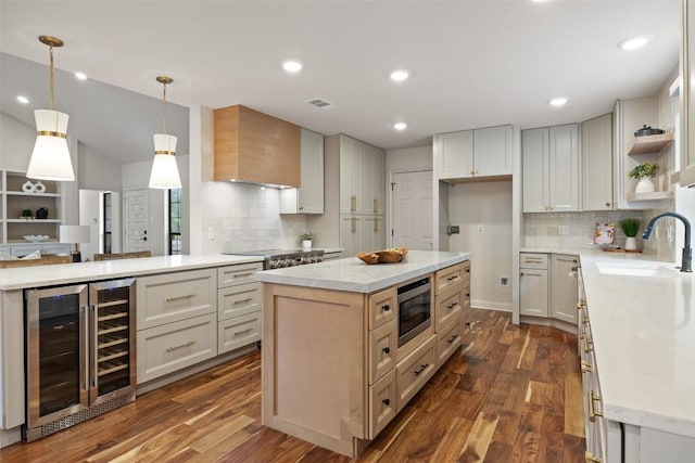 210 Hazeltine Dr, Lakeway, TX 78734 - kitchen with wine cooler, a sink, appliances with stainless steel finishes, decorative backsplash, and recessed lighting