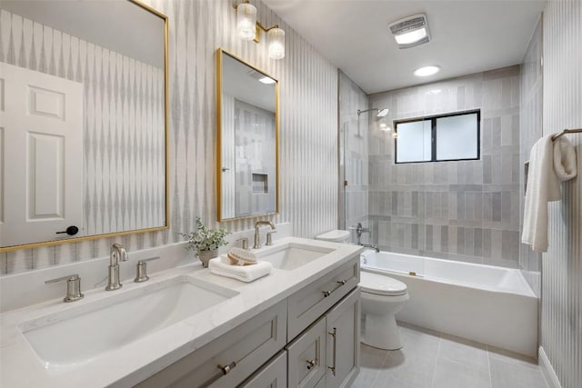 210 Hazeltine Dr, Lakeway, TX 78734 - full bathroom with toilet, wallpapered walls, double vanity, tile patterned floors, and bathtub / shower combination