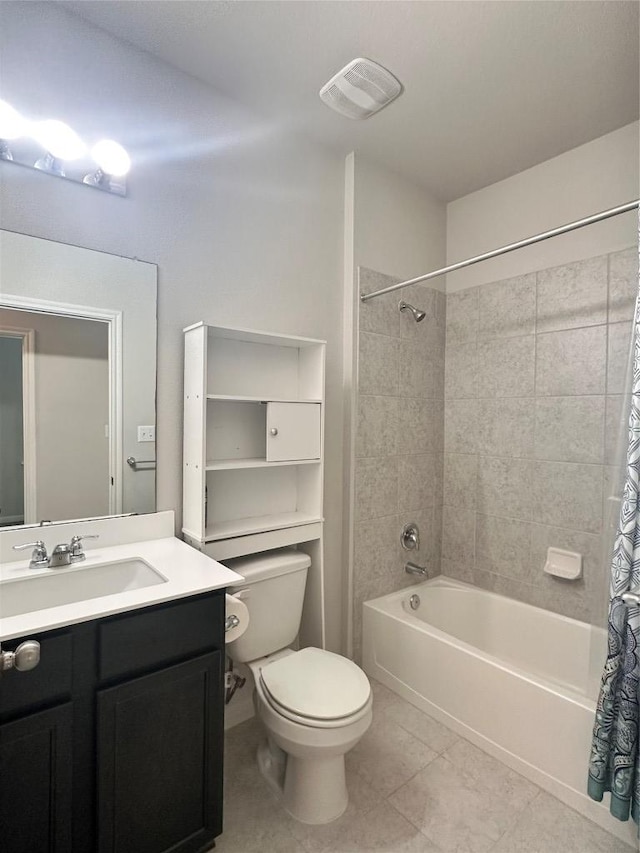 137 Rustic Glen Dr, San Marcos, TX 78666 - bathroom featuring tile patterned flooring, toilet, shower / tub combo with curtain, and vanity
