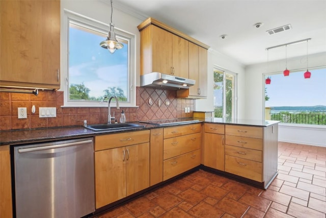 kitchen with stainless steel dishwasher, a sink, a peninsula, under cabinet range hood, and black electric stovetop