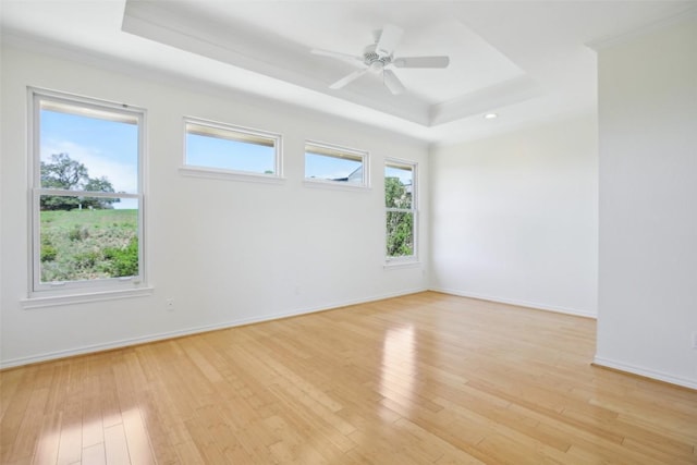 spare room featuring a raised ceiling, light wood finished floors, baseboards, ceiling fan, and ornamental molding