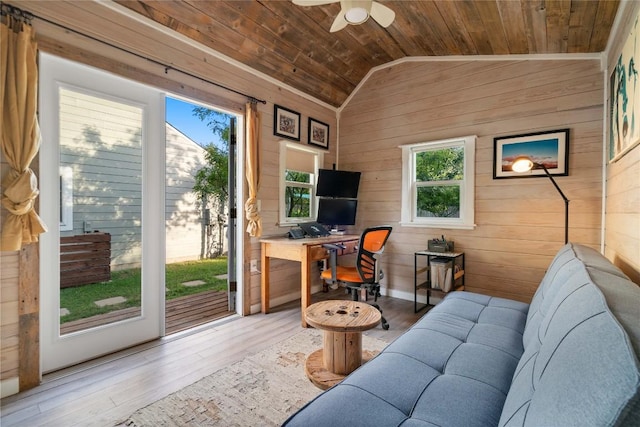 8304 Avocet Dr, Austin, TX 78745 - office featuring wood ceiling, wooden walls, vaulted ceiling, wood finished floors, and a ceiling fan