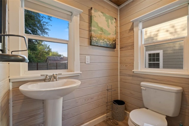 bathroom with toilet, wooden walls, and a sink