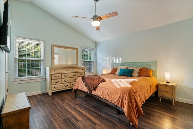 8304 Avocet Dr, Austin, TX 78745 - bedroom with wood finished floors, baseboards, high vaulted ceiling, and ceiling fan