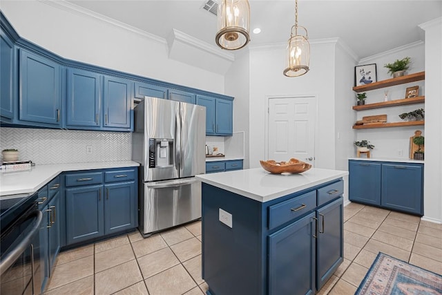kitchen with stainless steel fridge with ice dispenser, blue cabinetry, open shelves, and crown molding