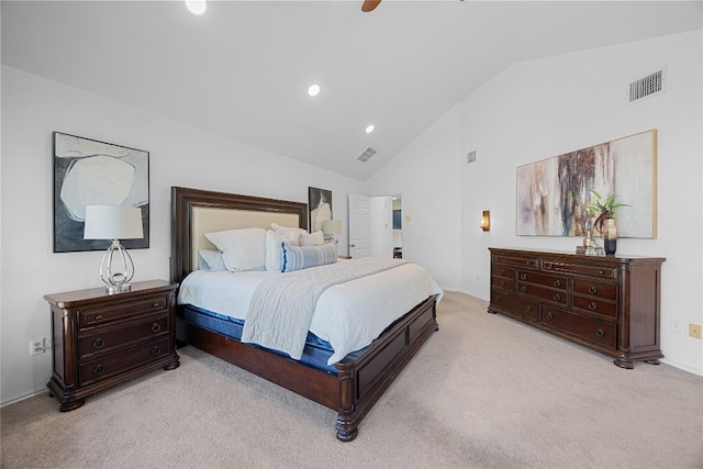 bedroom with light carpet, high vaulted ceiling, baseboards, recessed lighting, and a ceiling fan