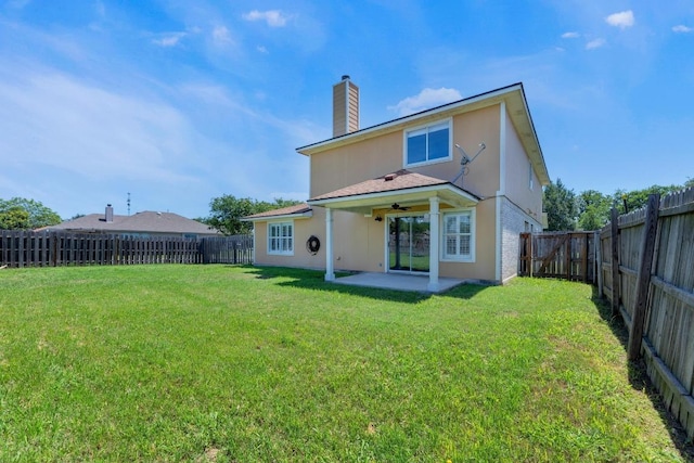 127 Edison Dr, Hutto, TX 78634 - rear view of house featuring a chimney, a patio, a ceiling fan, and stucco siding