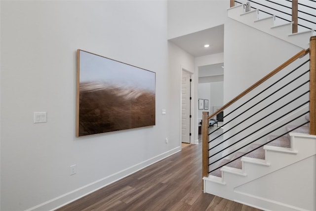 12915 Stanford Dr Unit 65, Austin, TX 78748 - foyer featuring dark wood-style flooring, baseboards, stairs, and recessed lighting