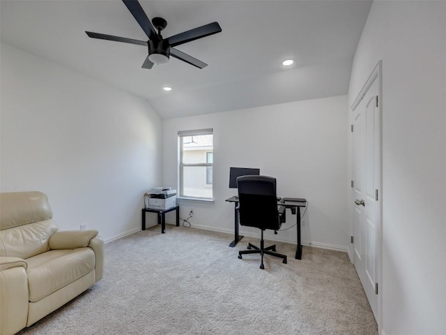 617 Silent Creek Cv, Georgetown, TX 78628 - home office featuring ceiling fan, carpet, baseboards, recessed lighting, and vaulted ceiling