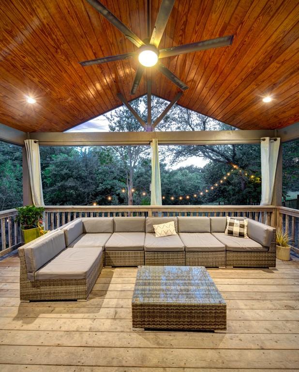 11408 Spicewood Pkwy, Austin, TX 78750 - wooden terrace with outdoor lounge area and ceiling fan