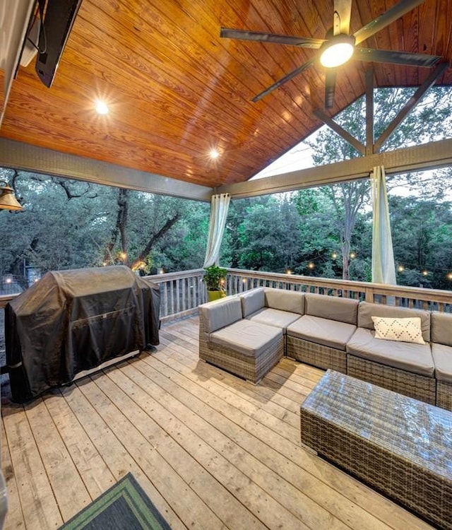 11408 Spicewood Pkwy, Austin, TX 78750 - deck featuring an outdoor hangout area, area for grilling, and a ceiling fan