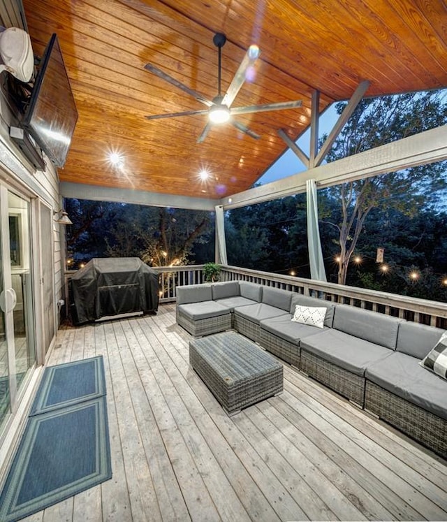 11408 Spicewood Pkwy, Austin, TX 78750 - wooden terrace featuring an outdoor hangout area, a ceiling fan, and area for grilling