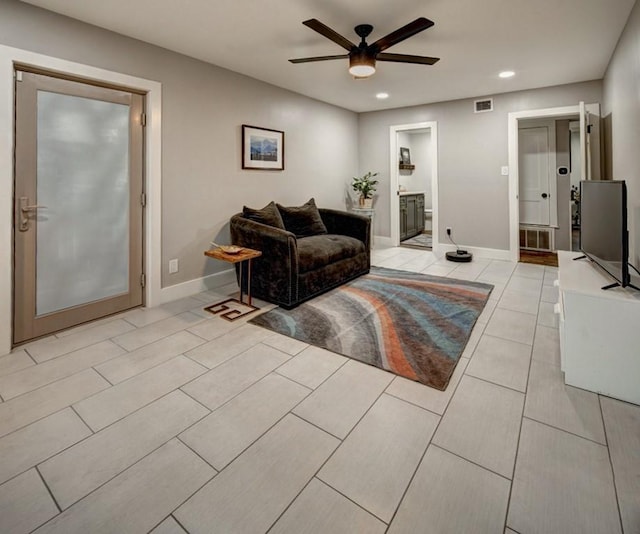 11408 Spicewood Pkwy, Austin, TX 78750 - living room featuring ceiling fan, recessed lighting, and light tile patterned flooring