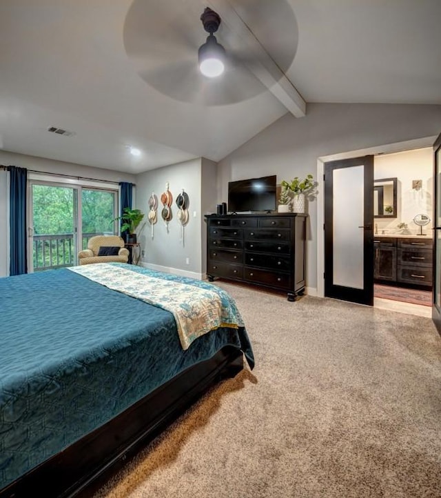 11408 Spicewood Pkwy, Austin, TX 78750 - bedroom featuring access to exterior, light carpet, ensuite bathroom, and a ceiling fan