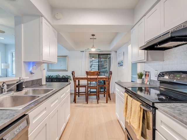 421 W San Antonio St Unit F1, San Marcos, TX 78666 - kitchen featuring black range with electric cooktop, a sink, dishwashing machine, under cabinet range hood, and white cabinetry